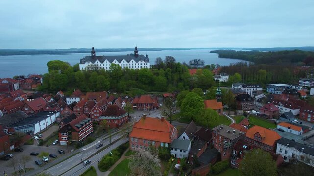 Aerial view around the city Pl&ouml;n in Germany on a cloudy spring day