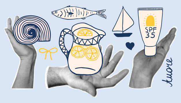 Summer vecor mediterranean lifestyle collage. Collection of Hand-drawn seashell, pitcher of lemonade, and sunscreen tube,  fish and sailboat for travel and holiday designs.