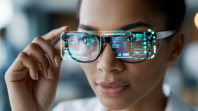 Close-up of a woman wearing augmented reality glasses with AI data visualization interface, future AR concept, AR glasses photography, digital data lifestyle visualization,