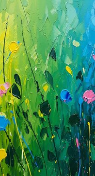 Textured impasto painting of vibrant wildflowers in green meadow