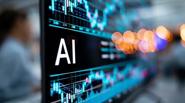 Close-up of an AI on a digital screen displaying financial stock market data, AI trading concept, AI market photography, digital economy visualization, defocused background, with
