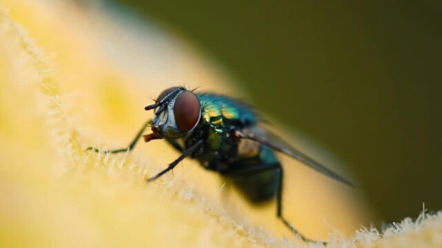 Closeup of a green housefly on a yellow surface with blurred background