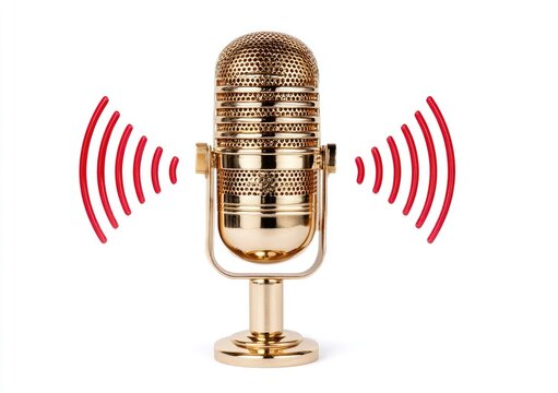 Vintage gold microphone with red sound waves on a white background