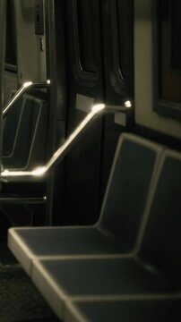 A subway car sits empty late at night. Seats are aligned in rows. The walls have some artwork. This scene shows quiet and stillness in the city during the late hours.