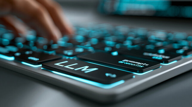Close-up of an LLM large language model concept on a computer keyboard with AI coding prompts, machine learning development concept, LLM keyboard photography, AI agent