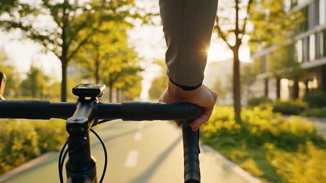 Cyclist hand gripping bicycle handlebar on sunlit urban bike path surrounded by green trees and modern buildings, morning sunlight creating peaceful outdoor fitness activity and healthy lifestyle