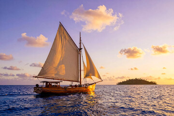Fototapeta premium Traditional Wooden Sailboat Navigating Deep Blue Ocean Waters Near Tropical Island at Golden Hour Sunset