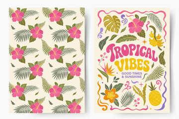 Tropical party template and pattern in retro style. Exotic summer frame with text. Pineapple, banana, palms, flowers and leaves © Hanna ArtLab