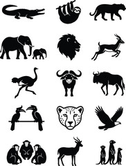 Fototapeta premium Collection of black silhouette illustrations of diverse animals including crocodile, sloth, elephant, lion, antelope, ostrich, and meerkats.