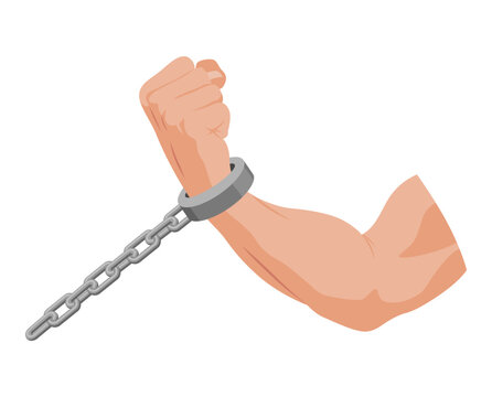 Muscular arm breaking chain cuff closeup of shattered metal links motion captured midbreak sunlight highlighting muscle triumphant mood escapee reclaiming freedom dynamic energy