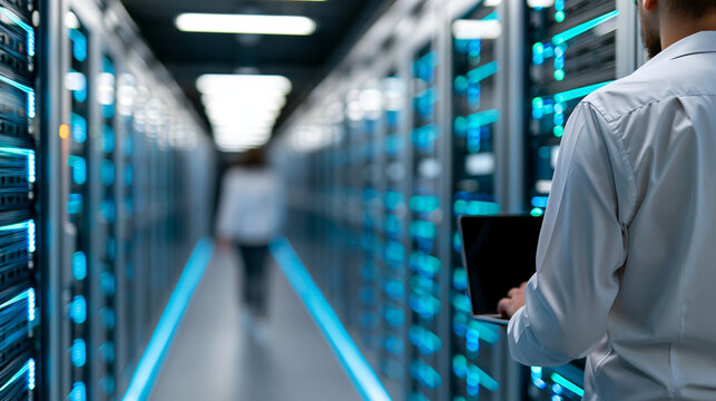 Close-up of a modern supercomputer server room with blue LED lights and a researcher walking past racks, AI computing concept, server room photography, health data analytics