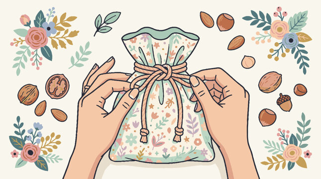 Hands tying a floral fabric pouch with a rope string.