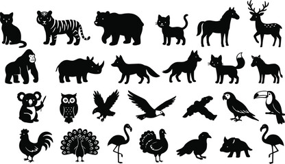 Obraz premium Collection of black silhouettes of diverse animals including cat, tiger, bear, horse, deer, gorilla, rhinoceros, fox, and eagle