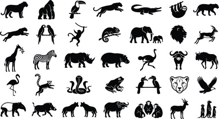 Fototapeta premium Collection of black silhouette illustrations of diverse animals including tiger, gorilla, toucan, crocodile, elephant, lion, giraffe, and zebra