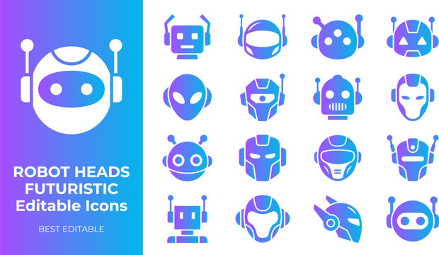 Robot heads futuristic editable icons set android cyborg machine character automation artificial intelligence.