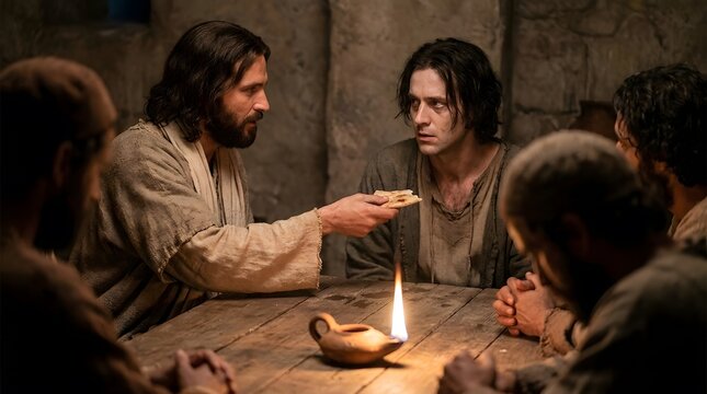 Man representing Jesus breaking bread to his disciple at a wooden table. Biblical scene of the last supper with men in historical clothing. Religious history and spiritual concept.