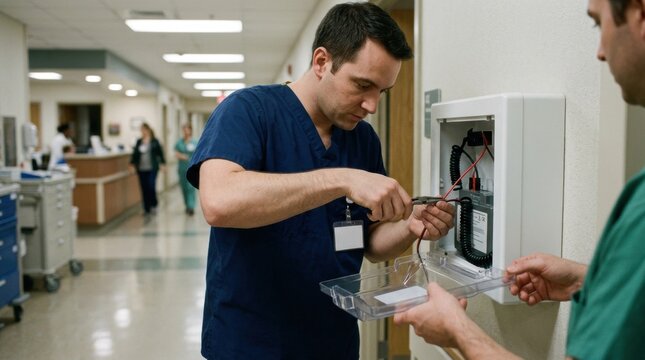 Skilled workers installing wallmounted defibrillator battery packs in a clinical setting carefully attaching electrical leads and sealing protective cases for quick access.