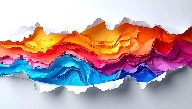 Torn paper revealing vibrant abstract layers of colorful wavy textures, creative abstract background, flowing colorful paper strata