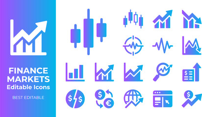Fototapeta premium Finance market icons pack showing growth charts stock exchange trading candlesticks and currency exchange symbols.