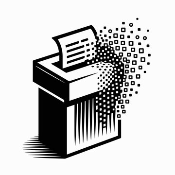Paper shredder converting files into glowing data particles - Ideal for document destruction services, cyber data privacy campaigns, or office tech ads.