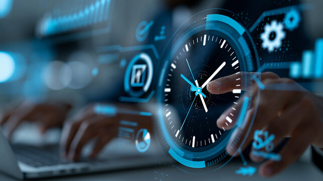 Close-up of a time management and AI business strategy concept with digital clock and productivity icons, AI strategy concept, time management photography, cost reduction