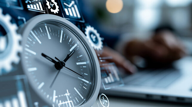 Close-up of a time management and AI business strategy concept with digital clock and productivity icons, AI strategy concept, time management photography, cost reduction