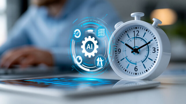 Close-up of a time management and AI business strategy concept with digital clock and productivity icons, AI strategy concept, time management photography, cost reduction