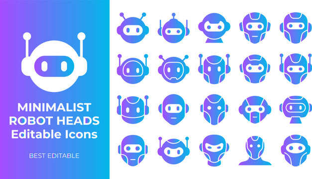 Minimalist robot heads icon set future artificial intelligence android cyborg character concept science.