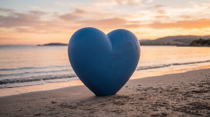 Fototapeta premium Bright blue heart sits on sandy beach during sunset by the sea