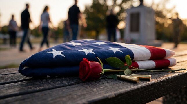 Memorial gathering at sunset with American flag, rose, and shell casings on bench