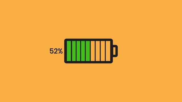 Mobile phone battery level charging animation counting up from 1% to 100% full green capacity status with numeric progress indicator icon isolated on yellow background screen.