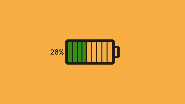 Mobile phone battery level indicator animation counting down from full green bars to empty zero percent status with progress counter isolated on yellow background vector elements.