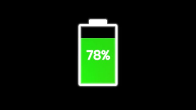 Battery charging animation with percentage indicator from 1 to 100 percent for smartphone UI design or power level interface vector icon isolated on black background video.
