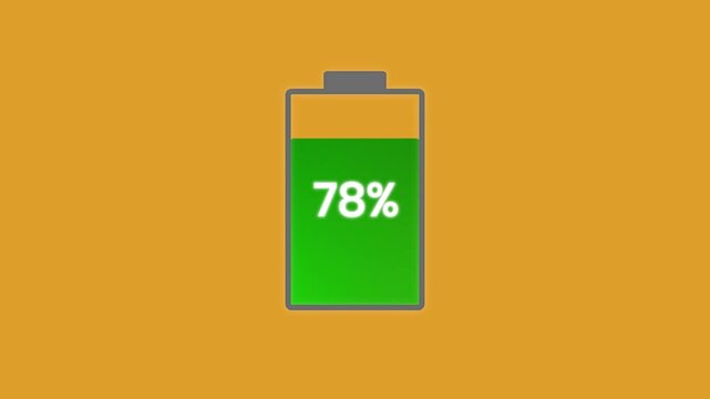 Smartphone battery charging progress animation showing percentage count up from 1% to 100% with green energy level indicator icon isolated on yellow background web element.