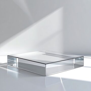 Transparent acrylic cube pedestal with sharp geometric edges and reflective surface, casting soft shadows on a minimalist clean studio background, ideal for product display
