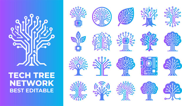 Technology tree network icon set digital circuit concept growth innovation connecting network roots technology.