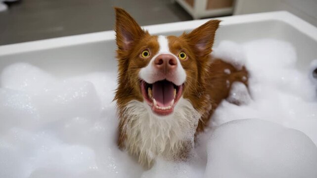 Happy dog in bathtub with bubbles, Border Collie enjoying bath time, pet grooming concept