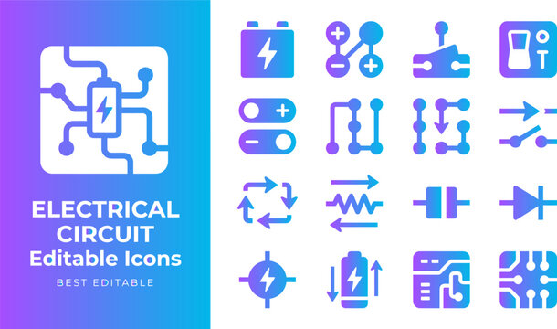 Electrical circuit icons representing components like battery switch resistors and diodes in technology theme.