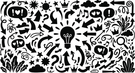 Obraz premium Creative Doodle Icons decorative illustration, black and white design with light bulb, arrows, crowns, stars, clouds, and musical notes