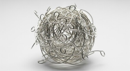 Obraz premium A chaotic, messy sphere made of tangled curly silver metal wires and shavings, resembling a metallic scrub or wire nest