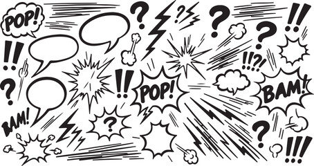 Collection of comic book action words and sound effects with sound effect action word speech bubble question mark exclamation mark hand drawn black and white brush stroke dialogue explosion © Star_Pixels11