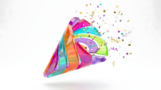 Abstract glass party popper cone with colorful segments and exploding confetti on a clean white background for events