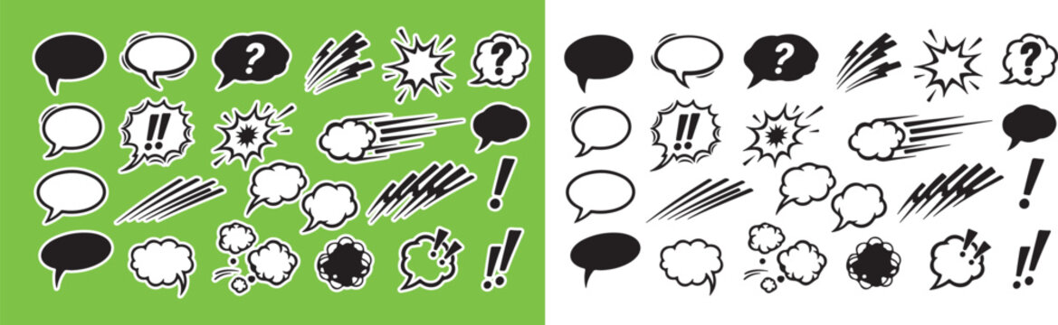 Set of cartoon speech bubbles and comic book sound effects with speech bubble chat bubble dialogue box text box thought bubble sound effect question mark exclamation mark hand drawn explosion