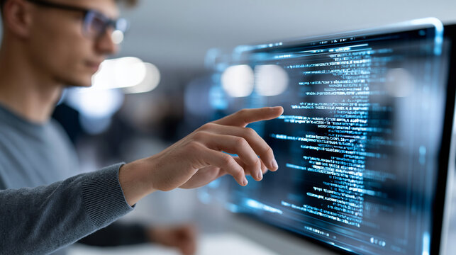 Close-up of a developer using an AI code generation interface on a virtual screen with programming scripts, software development concept, AI coding photography, automation system