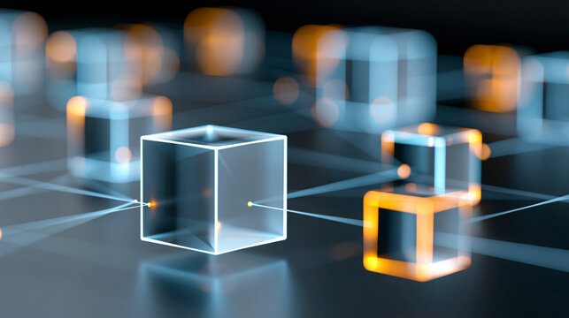 Close-up of abstract 3D data network with glowing central cube connected to modules on dark background, AI network architecture concept, 3D module photography, technology