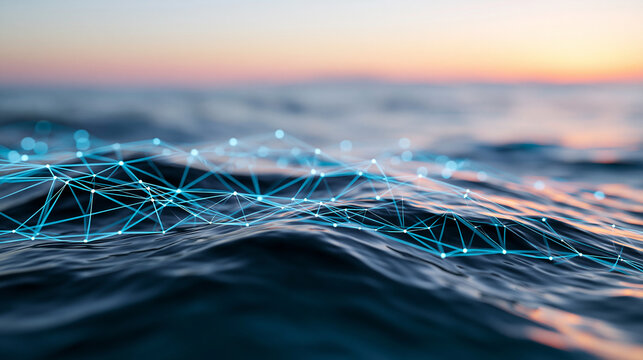 Close-up of a glowing digital network overlaying ocean waves at sunset, technology meets nature concept, network ocean photography, digital and natural fusion visualization,