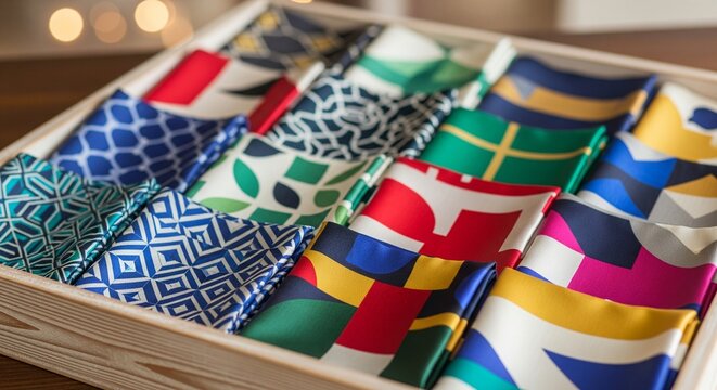 Colorful silk pocket squares organized in a wooden tray