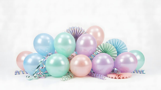 Collection of pastel balloons and paper fans with curly ribbons for a birthday party on a white background
