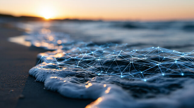Close-up of a glowing digital network overlaying ocean waves at sunset, technology meets nature concept, network ocean photography, digital and natural fusion visualization,