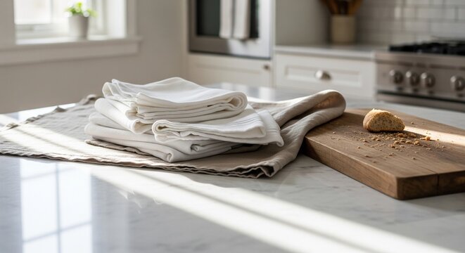 A bright modern kitchen counter with a stack of folded white linen napkins or towels resting on a beige cloth. Next to them is a wooden cutting board with a small piece of bread on it